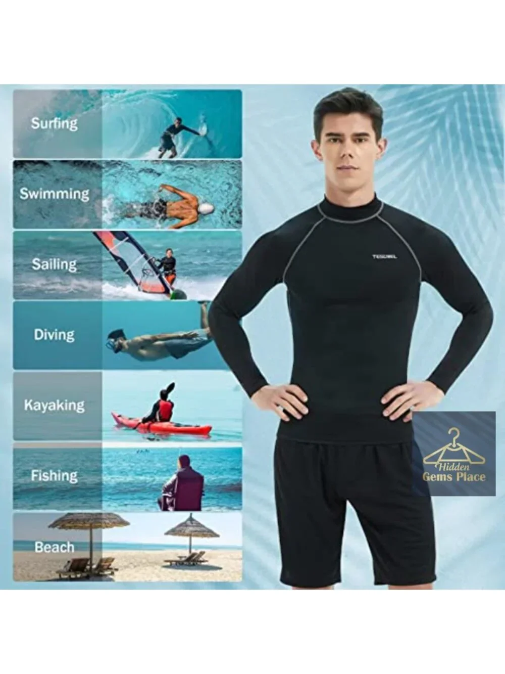 Men's Long Sleeve UPF 50+ Rash Guard Shirt - Quick Dry Swim Tee